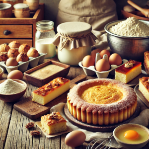 DALL·E 2024-08-28 14.09.19 - A cozy kitchen setting featuring a variety of homemade baked goods such as cakes, flans, and pastries on a rustic table. The scene is warm and invitin